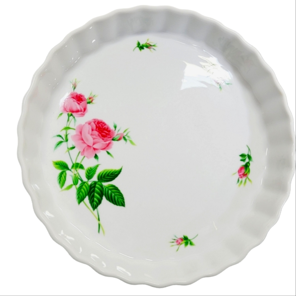 *KT Oneida Rose Pie/Quiche dish. 9.5” diameter x 1.25” deep. It has pink roses